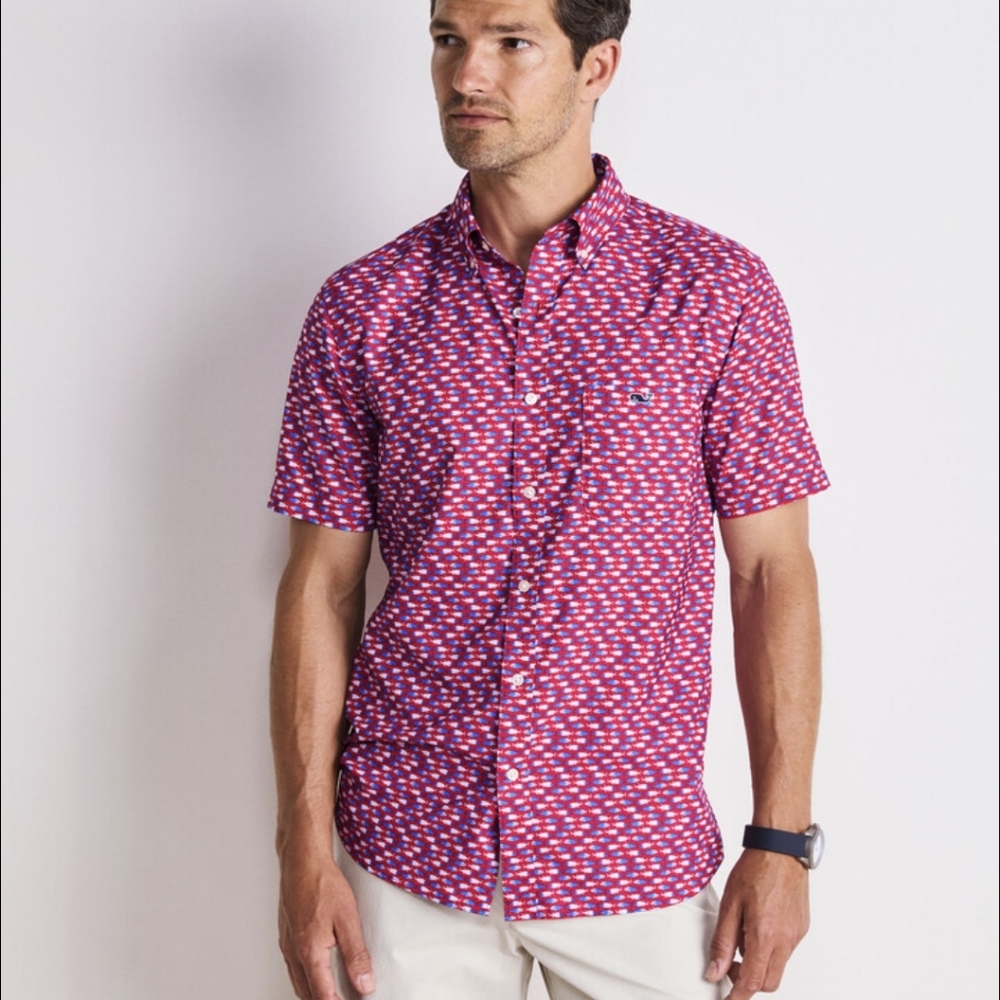 Vineyard Vines Micro Fish Red Short Sleeve Feather Performance Ripstop Shirt Med